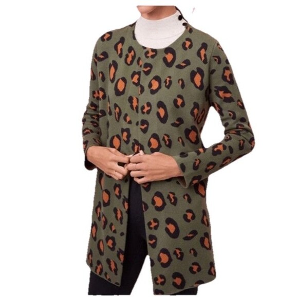 Ann Taylor Open Front Cardigan Green Cheetah Print LP Petite Long Sleeve Stretch - Picture 7 of 12
